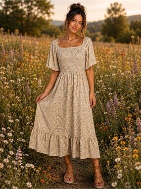 Floral Square-Neck Midi Dress in Beige